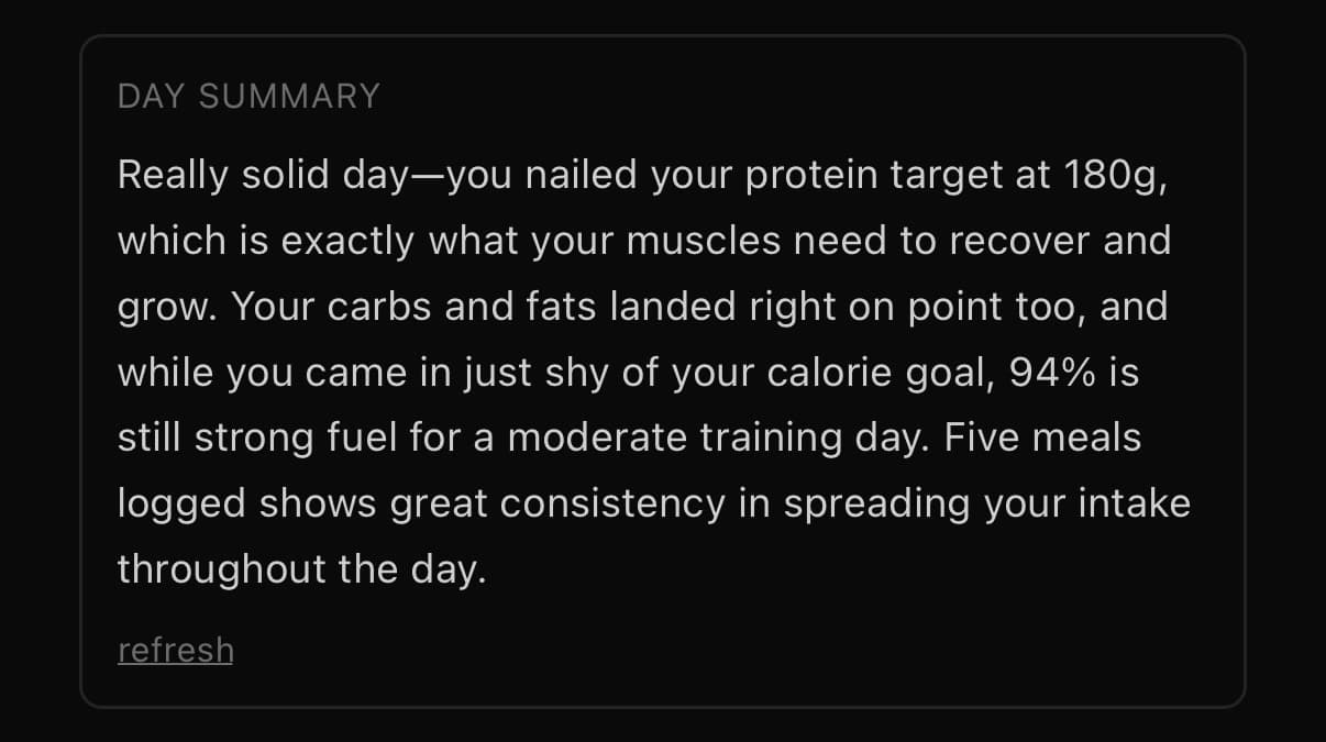 W-App end-of-day summary of nutrition and training
