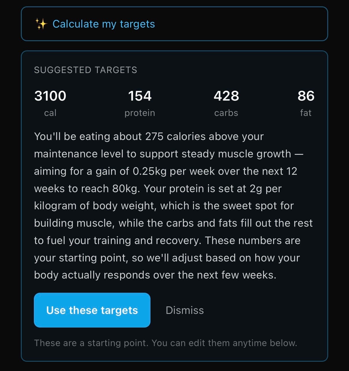 W-App suggested calorie and macro targets based on your goal